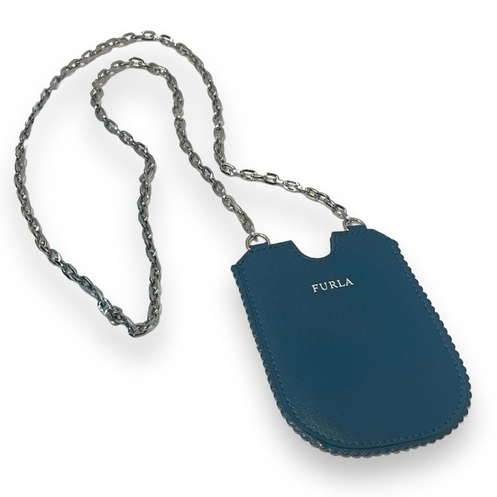 Furla Card Holder Blue Green Teal Silver Tone Chain